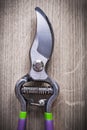 Sharp metal gardening secateurs on wooden board