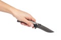 Sharp metal pocket knife in hand. Isolated on a white background. Cold weapon, self defence tool