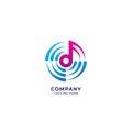 Sharp musical note in the middle of vortex wave. Music and sicence logo concept. Pink magenta blue color gradient. Vector Royalty Free Stock Photo