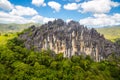 Sharp needles of black volcanic peaks. Mountains near Mont Aoupinie and Poya river, aerial view. New Caledonia, Melanesia, Oceania