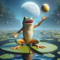 A sharp nosed frog playing volleyball on a lily pad, photoreal
