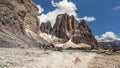 Sharp peaks of Pale di San Martino, in Pala group of Italian Dolomites on sunny day, deep blue sky background