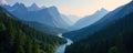 Sharp peaks; winding stream flows through dense, black forested valley , illustration, design, graphic Royalty Free Stock Photo