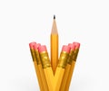 A Sharp pencil among pencil erasers. One sharpened pencil standing out from the blunt ones 3d illustration