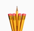 A Sharp pencil among pencil erasers. One sharpened pencil standing out from the blunt ones 3d illustration