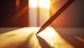 Sharp pencil tip writing on textured surface with warm sunlight rays and soft focus background Royalty Free Stock Photo