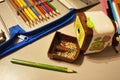 Sharp pencils sharpened with a special mechanical sharpener. Such perfectly sharp pencils are obtained only through the use of suc Royalty Free Stock Photo