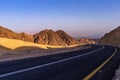 Road to Eilat from the west. Eilat mountais and the Aqaba gulf Royalty Free Stock Photo