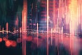 Abstract Digital Grid with Financial Data Visualization and Cityscape Lights in Red and Blue Tones Futuristic Business Concept Royalty Free Stock Photo