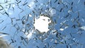 Sharp pieces of blue shattered glass and hole Royalty Free Stock Photo