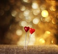 Two sharp pins in the form of red hearts stuck in the burlap on Royalty Free Stock Photo