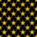 Sharp pointy yellow star with a transparent glow, vector seamless pattern on a black background Royalty Free Stock Photo