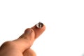 Sharp steel pin on a boy`s finger Royalty Free Stock Photo