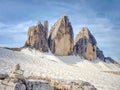 Sharp stones stacked into pyramid. Mountain ridge in Italian Alps Royalty Free Stock Photo