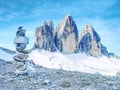 Sharp stones stacked into pyramid.  Mountain ridge in Italian Alps Royalty Free Stock Photo