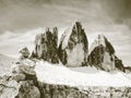 Sharp stones stacked into pyramid.  Mountain ridge in Italian Alps Royalty Free Stock Photo