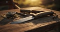 Outdoor Survival Knife with Compass and Firestarter on Wooden Surface Royalty Free Stock Photo