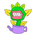 Sharp-toothed monster flower growing in a pot, doodle icon image kawaii