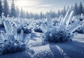 Sharp, transparent crystal clusters protrude from a snowy Royalty Free Stock Photo
