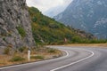 Sharp turn of the road with a sign of falling stones. Balkans, M