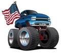 Monster Pickup Truck with USA Flag Cartoon Isolated Vector Illustration