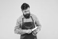 Sharpen your knife skills. Bearded man cut tomato with slicing knife. Tomato slicing. Cooking vegetarian food. Vegetable Royalty Free Stock Photo