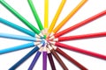 Sharpened colored pencils lie in a circle with their noses in the center, school supplies, LGBT symbol, horizontal