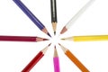 Sharpened colored pencils on the white background. Royalty Free Stock Photo