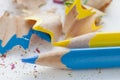 Sharpened colorful blue and yellow pencils and wood shavings, drawing concept Royalty Free Stock Photo