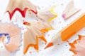 Sharpened colorful orange pencil and wood shavings, drawing concept Royalty Free Stock Photo