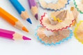 Sharpened colorful pencils and wood shavings, back to school concept Royalty Free Stock Photo