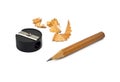 Sharpened pencil and wood shavings Royalty Free Stock Photo