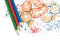 Sharpened pencils and wood shavings Royalty Free Stock Photo