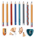 Sharpened wooden pencil with rubber eraser of various size, color sharpeners and shavings. Realistic set of isolated