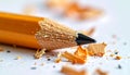 Sharpened yellow pencil with black tip and wood shavings on white surface Royalty Free Stock Photo