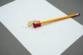 Sharpener, yellow wooden pencil and pencil shavings on a white sheet Royalty Free Stock Photo