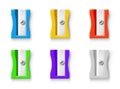 Sharpeners coloured plastic realistic icon set. Pencils cutters. School stationery. Office supplies