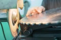 Sharpening Circular Saw, worker sharpens a circular saw blade Royalty Free Stock Photo
