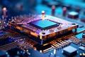Sharply focused macro rendering of an intricate, luminously glowing hi-tech microchip with colorful circuit board components