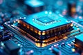 Sharply focused macro rendering of an intricate, luminously glowing hi-tech microchip with colorful circuit board components
