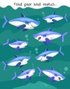 Sharks in sea. Find pairs. Educational puzzle game for preschoolers.