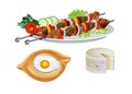 Shashlik, khachapuri with egg and soft cheese.