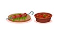 Shashlik with Meat Slabs on Skewer and Stewed Beans in Bowl Vector Set