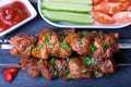 Shashlik shish kebab of meat pork on skewers with vegetables and ketchup. Royalty Free Stock Photo