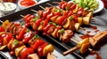 Shashlik on skewer with red sauce