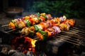 shashlik skewers with colorful vegetables over campfire