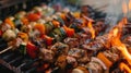 Shashlik skewers grilling on barbecue grill, sizzling with flavor and aroma, Ai Generated
