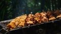 Shashlik - traditional Georgian barbecue. Closeup of raw roasted marinated meat barbecue shish kebab shashlik on steel metal