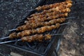 Shashlik - traditional Georgian barbecue. Closeup of raw roasted marinated meat barbecue shish kebab shashlik on steel metal Royalty Free Stock Photo