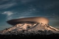 Shasta view with a brown volcano cloud on the top and a gloomy sky background Royalty Free Stock Photo